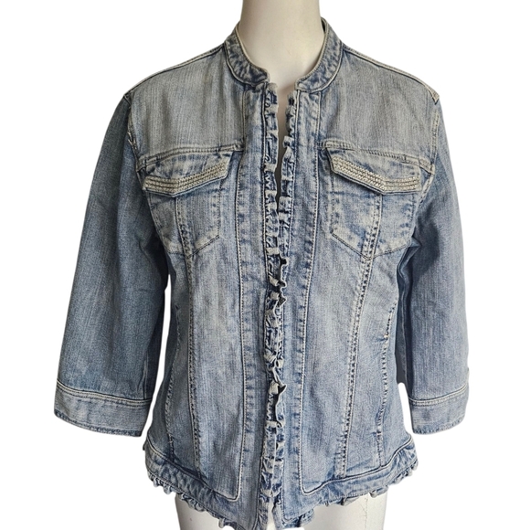 Chico's Platinum Women Size 1 (Medium) Denim Jean Jacket Studded 3/4 Sleeve - Picture 2 of 12